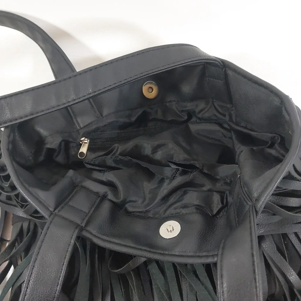 Black Faux Suede Fringe Slouchy‎ Hobo Shoulder Bag Tote Boho